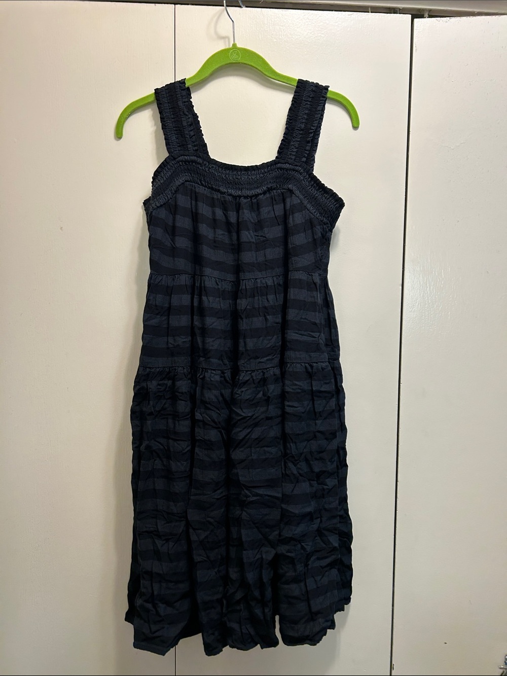 Old Navy Black and Gray Striped Textured Smocked-Strap Midi Dress
